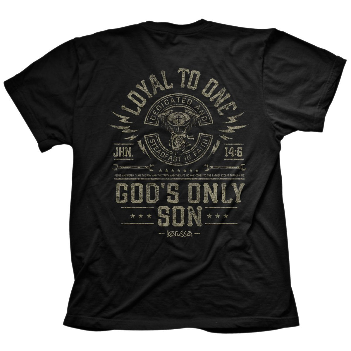 Show your dedication to Jesus in this classic “Loyal” bike themed T-Shirt in Black. When you consider who is on your team, who you really trust, and who you know you can count on when the going gets tough, the number one answer should be Jesus. He loves us so much He gave His life for us, and it is right that we should commit our lives, hearts, and loyalty to Jesus Christ as faithful Christian believers. back view. Sizes M-3X