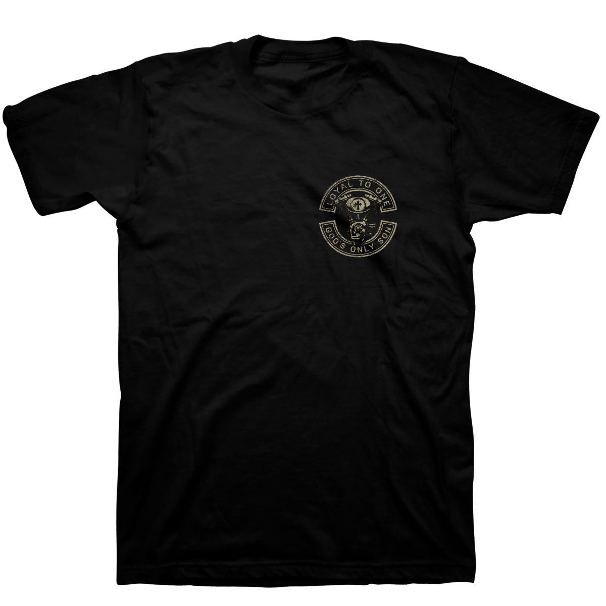 Show your dedication to Jesus in this classic “Loyal” bike themed T-Shirt in Black. When you consider who is on your team, who you really trust, and who you know you can count on when the going gets tough, the number one answer should be Jesus. He loves us so much He gave His life for us, and it is right that we should commit our lives, hearts, and loyalty to Jesus Christ as faithful Christian believers. front view
