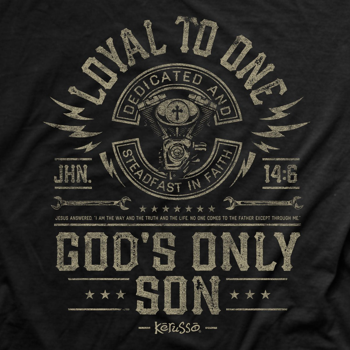 Show your dedication to Jesus in this classic “Loyal” bike themed T-Shirt in Black. When you consider who is on your team, who you really trust, and who you know you can count on when the going gets tough, the number one answer should be Jesus. He loves us so much He gave His life for us, and it is right that we should commit our lives, hearts, and loyalty to Jesus Christ as faithful Christian believers. Close view