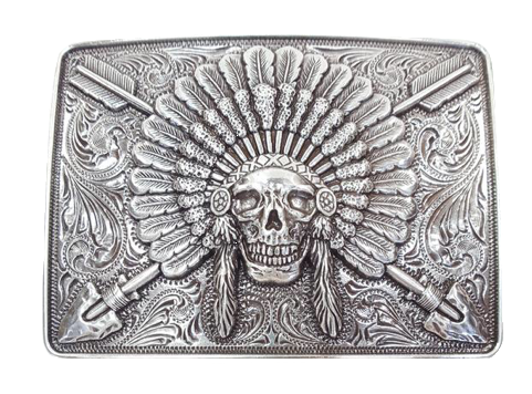 Ariat Indian Chief belt buckle Rectangle shaped buckle with a stylish smooth edge. It features a centered Indian chief skull with headdress and crossing arrows motif surrounded by western scroll engraving. Antiqued Chrome color. Measures 3-1/2" wide x 2-1/2" tall Fits belts up to 1 1/2" wide Available online or in our shop in Smyrna, TN just outside Nashville.