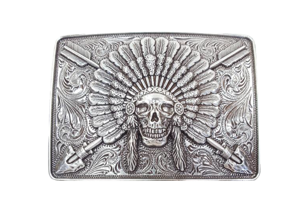 Ariat Indian Chief belt buckle Rectangle shaped buckle with a stylish smooth edge. It features a centered Indian chief skull with headdress and crossing arrows motif surrounded by western scroll engraving. Antiqued Chrome color. Measures 3-1/2" wide x 2-1/2" tall Fits belts up to 1 1/2" wide Available online or in our shop in Smyrna, TN just outside Nashville.