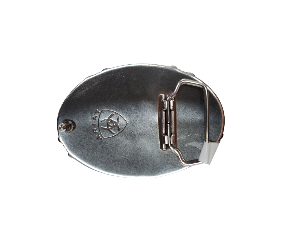 Ariat men's western buckle Steer head with horns against a hammered antique silver background. The oval buckle has a barbwire edging for an authentic Western look.  Measures: 2-3/4" X 3-3/4"  Fits belts 1 1/2" wide