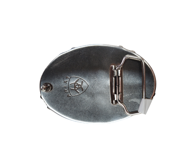 Ariat men's western buckle Steer head with horns against a hammered antique silver background. The oval buckle has a barbwire edging for an authentic Western look.  Measures: 2-3/4" X 3-3/4"  Fits belts 1 1/2" wide