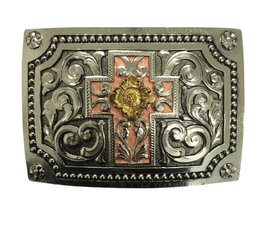 The perfect blend of a Cross with Western Scrolls and accents. This buckle is manufactured using the casting technique and made of Zamak an alloy of zinc, aluminum, magnesium and copper. The mold of each buckle is designed and finished by hand. Each piece is covered with a heat sealed lacquer to ensure the piece's long lasting qualities. Buckle size is Width 4” Height 3” and is made in Mexico. 