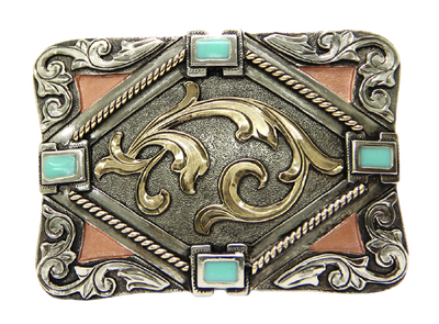 This Southwest inspired buckle combines Stones and Scrolled designs buckle has a rectangle shape. This buckle is made from German Silver (nickel and brass alloy) or iron metal base. Some buckles have motifs made of copper, iron or brass and some are adorned with synthetic stones. Buckle size is Width 3.5” Height 2.5” and is available in our Smyrna, TN shop.   