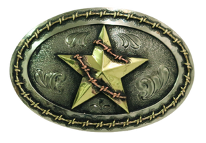 Stars and Barbwire brings thoughts of a old western town, sheriffs and bad guys and riding fences. This buckle is made from German Silver (nickel and brass alloy) or iron metal base. Some buckles have motifs made of copper, iron or brass and some are adorned with synthetic stones. Our products are all handcrafted. 