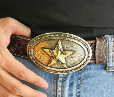 Stars and Barbwire brings thoughts of a old western town, sheriffs and bad guys and riding fences. This buckle is made from German Silver (nickel and brass alloy) or iron metal base. Some buckles have motifs made of copper, iron or brass and some are adorned with synthetic stones. Our products are all handcrafted. 