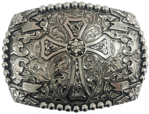 The Redemption buckle has a classic oval shape with a Western scroll design, and a beaded edge framing a Cross. This buckle is made from 100% pure German silver (nickel and brass alloy) or iron metal base. Buckle size is Width 4.5” Height 3.5” and fits belts up 1 3/4" wide a little bigger than some of our other buckles that is available in our Smyrna, TN shop.