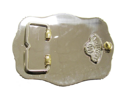 The Lonesome Steer buckle has a classic oval shape with a Western scroll design, and a beaded edge framing a Steer head. This buckle is made from 100% pure German silver (nickel and brass alloy) or iron metal base. Hand-cut layered vines and steer head in silver with copper barbwire frame design. Buckle size is 3" H x 4" W” and fits belts up 1 5/8" wide a little bigger than some of our other buckles that is available in our Smyrna, TN shop.