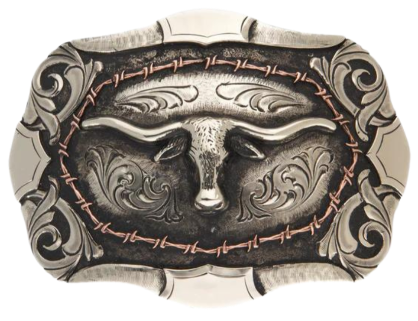 The Lonesome Steer buckle has a classic oval shape with a Western scroll design, and a beaded edge framing a Steer head. This buckle is made from 100% pure German silver (nickel and brass alloy) or iron metal base. Hand-cut layered vines and steer head in silver with copper barbwire frame design. Buckle size is 3" H x 4" W” and fits belts up 1 5/8" wide a little bigger than some of our other buckles that is available in our Smyrna, TN shop.