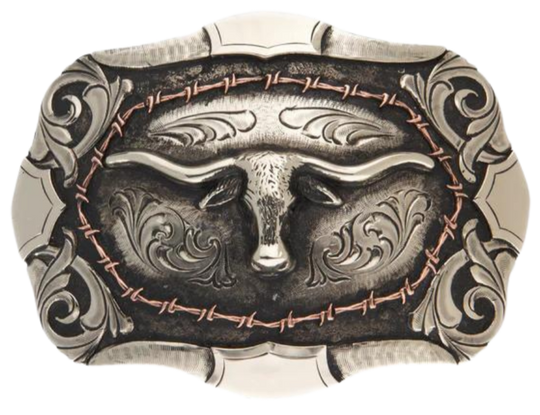 The Lonesome Steer buckle has a classic oval shape with a Western scroll design, and a beaded edge framing a Steer head. This buckle is made from 100% pure German silver (nickel and brass alloy) or iron metal base. Hand-cut layered vines and steer head in silver with copper barbwire frame design. Buckle size is 3" H x 4" W” and fits belts up 1 5/8" wide a little bigger than some of our other buckles that is available in our Smyrna, TN shop.