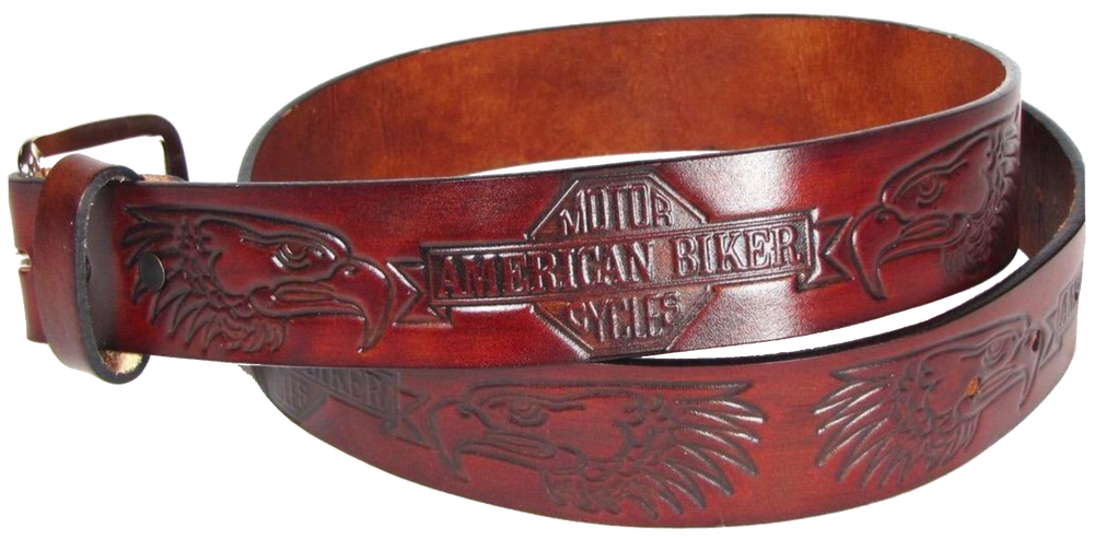 This USA made veg-tan leather belt is approx. 1/8" thick, 1 1/2"width with no fillers to split or rip apart. The belt features American Biker and Eagle heads embossed around the entire belt. The leather is comfortable from day one.  Buckle is silver colored and snapped on for easy buckle change. We don't make this belt but it's Buckle and Hide approved and still made in the USA