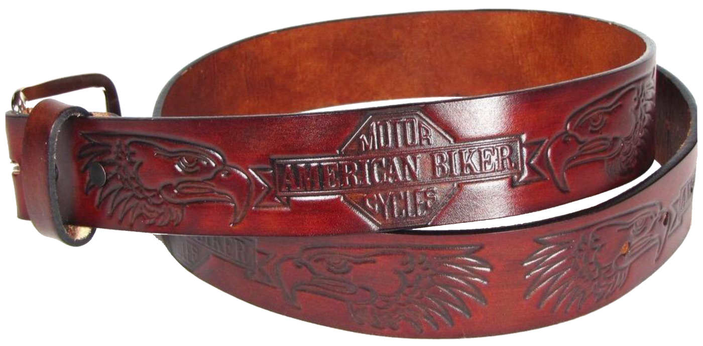 This USA made veg-tan leather belt is approx. 1/8" thick, 1 1/2"width with no fillers to split or rip apart. The belt features American Biker and Eagle heads embossed around the entire belt. The leather is comfortable from day one.  Buckle is silver colored and snapped on for easy buckle change. We don't make this belt but it's Buckle and Hide approved and still made in the USA