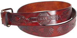 This USA made veg-tan leather belt is approx. 1/8" thick, 1 1/2"width with no fillers to split or rip apart. The belt features American Biker and Eagle heads embossed around the entire belt. The leather is comfortable from day one.  Buckle is silver colored and snapped on for easy buckle change. We don't make this belt but it's Buckle and Hide approved and still made in the USA