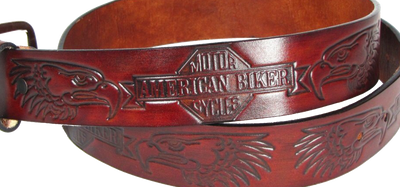 This USA made veg-tan leather belt is approx. 1/8" thick, 1 1/2"width with no fillers to split or rip apart. The belt features American Biker and Eagle heads embossed around the entire belt. The leather is comfortable from day one.  Buckle is silver colored and snapped on for easy buckle change. We don't make this belt but it's Buckle and Hide approved and still made in the USA