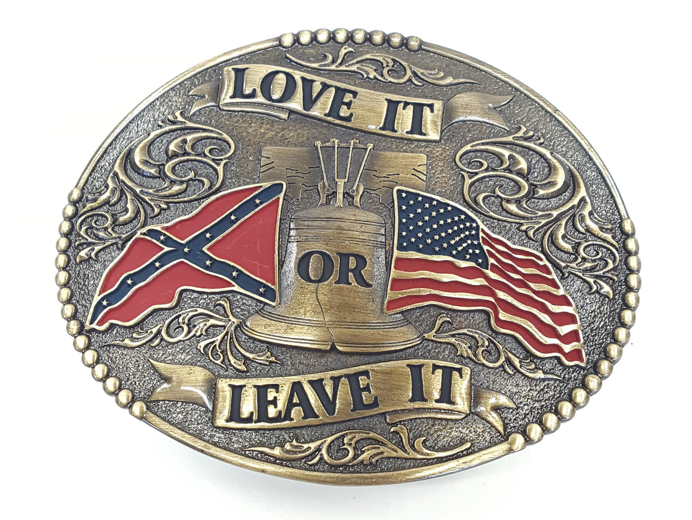 Antique Brass Belt Buckle with Love It or Leave It design Made in Mexico Fits Belts up to 1 3/4" wide Dimensions 3" x 4" Available online and in our retail shop in Smyrna, TN, just outside of Nashville
