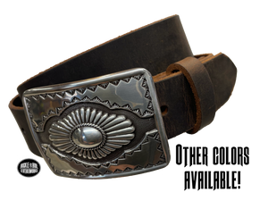 "The Cody" is a Western style belt buckle that will add a classic western look to your belt. ﻿CHOOSE ONE BELT STRIP COLOR! ﻿The belt is made from a single strip of leather in our shop in Smyrna, TN, just outside Nashville. The buckle is imported. ﻿Available in our retail and online shops. Main photo.