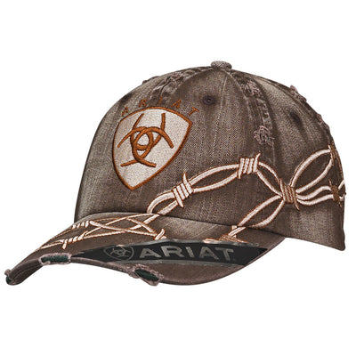 This Ariat distressed brown ball cap has a velcro back closure. Ariat logo is pictured on center front of cap. Barbwire design on a distressed brown background for that rugged look. Fray look on visor has distressed appearance Available in our retail shop in Smyrna, TN, just outside Nashville