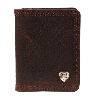 Ariat Work Bifold Wallet -Ariat Bifold Money Clip Wallet Oil tanned dark copper leather and Ariat brand concho. Inside features a clear ID slot, credit card slots, and money slots.  Folded dimensions are 4" by 3" Available in our online and retail shop, located in Smyrna, TN, just outside of Nashville