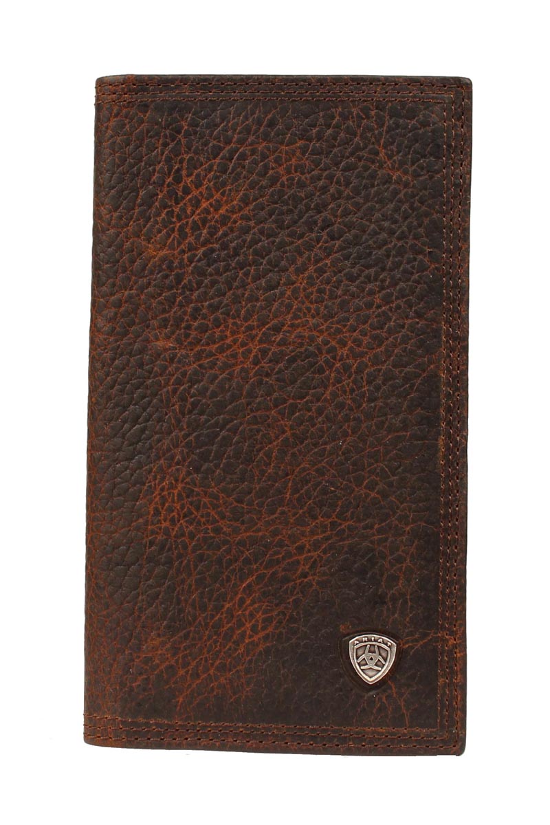 Ariat Work Rodeo Wallet-Ariat Leather Rodeo Wallet Oil tanned dark copper leather, and Ariat brand concho. Inside features a clear ID slot, 12 credit card slots, removable photo slip, and money slot. Folded dimensions are 7" by 3"