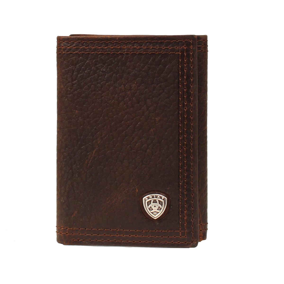 Ariat Trifold Wallet Oil tanned dark copper leather and Ariat brand concho. Inside features a clear ID slot, 6 credit card slots, 2 underneath slots, and money slots. Folded dimensions are approx. 3" by 4"