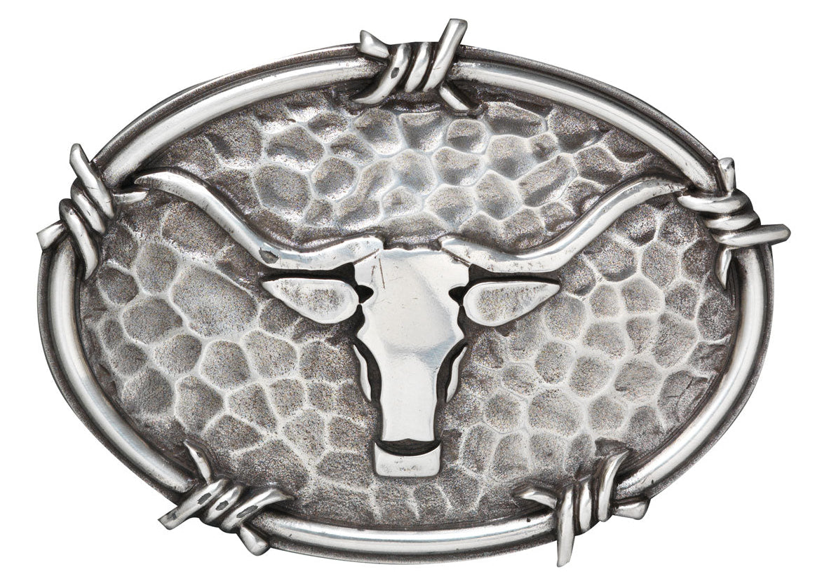 Ariat Steer Head Buckle-Ariat men's western buckle Steer head with horns against a hammered antique silver background. The oval buckle has a barbwire edging for an authentic Western look.  Measures: 2-3/4" X 3-3/4"  Fits belts 1 1/2" wide