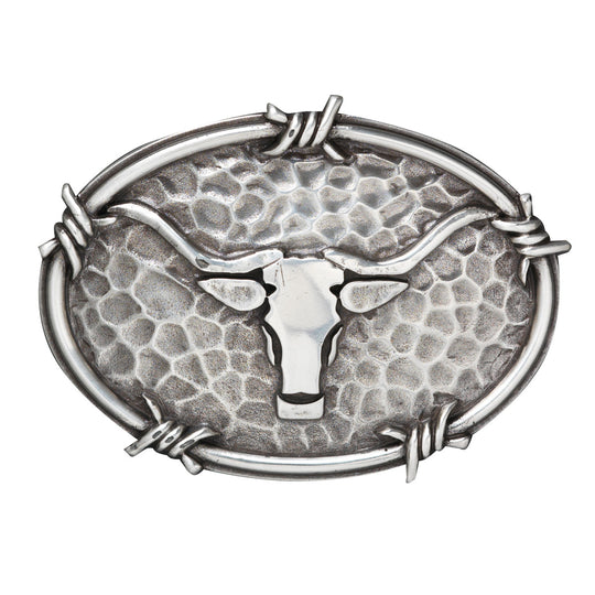 Ariat Steer Head Buckle-Ariat men's western buckle Steer head with horns against a hammered antique silver background. The oval buckle has a barbwire edging for an authentic Western look.  Measures: 2-3/4" X 3-3/4"  Fits belts 1 1/2" wide