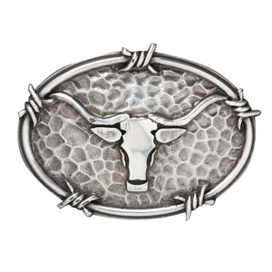 Ariat Steer Head Buckle-Ariat men's western buckle Steer head with horns against a hammered antique silver background. The oval buckle has a barbwire edging for an authentic Western look.  Measures: 2-3/4" X 3-3/4"  Fits belts 1 1/2" wide