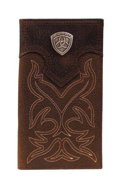 Ariat boot stitched rodeo wallet-Ariat Rodeo style wallet Wallet is distressed brown leather with Ariat shield concho and Western style stitching Multiple credit card slots, clear driver's license slot and removable picture holder. Folded wallet measures 7" tall by 3" wide Interior has twelve card slots, one open cash pocket, and an identification window plus removable clear plastic picture holder.