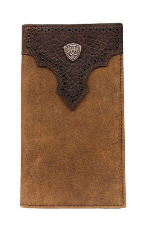 Ariat Rodeo Wallet with Overlay- Ariat Rodeo style wallet  Wallet is distressed brown leather with Ariat shield concho. Multiple credit card slots, clear drivers license slot and removable picture holder.  Folded wallet measures 7" tall by 3" wide. Interior has 12 card slots, one open cash pocket, and an identification window.