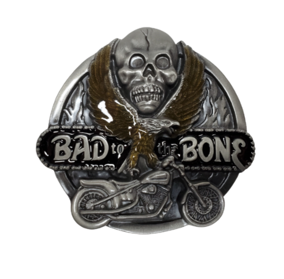 Bad to the Bone buckles bring to mind the wind in your face riding down a country road. This buckle the classic Biker look with a twin engine bike, skull, and classic eagle in a round shape. Pewter belt buckle that may be attached to your belt.  Fits 1 1/2" belts, Size 3-1/2" x 2-3/4. Available in our shop just outside Nashville in Smyrna, TN.