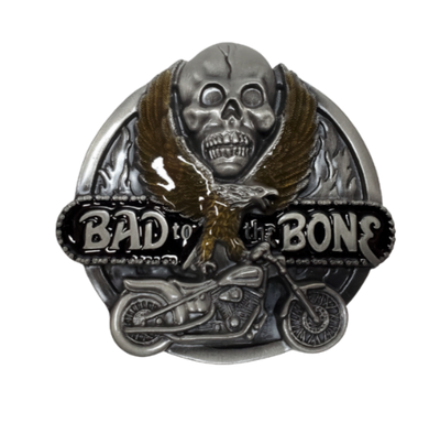 Bad to the Bone buckles bring to mind the wind in your face riding down a country road. This buckle the classic Biker look with a twin engine bike, skull, and classic eagle in a round shape. Pewter belt buckle that may be attached to your belt.  Fits 1 1/2" belts, Size 3-1/2" x 2-3/4. Available in our shop just outside Nashville in Smyrna, TN.