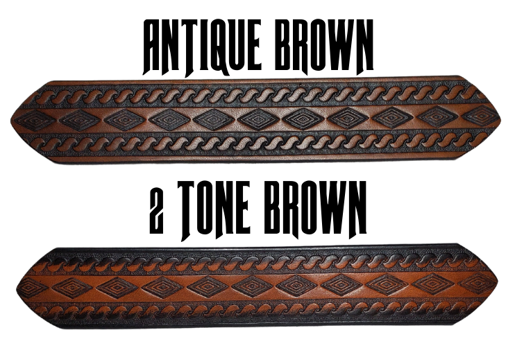 "The Banjo" is a handmade real leather belt made from a single strip of cowhide shoulder leather that is 8-10 oz. or approx. 1/8" thick. It has hand burnished (smoothed) edges and a Diamond center with a rope edge pattern. This belt is completely HAND dyed with a multi step finishing technic. The antique nickel plated solid brass buckle is snapped in place with heavy snaps.  This belt is made just outside Nashville in Smyrna, TN.