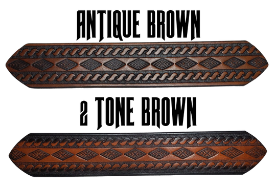 "The Banjo" is a handmade real leather belt made from a single strip of cowhide shoulder leather that is 8-10 oz. or approx. 1/8" thick. It has hand burnished (smoothed) edges and a Diamond center with a rope edge pattern. This belt is completely HAND dyed with a multi step finishing technic. The antique nickel plated solid brass buckle is snapped in place with heavy snaps.  This belt is made just outside Nashville in Smyrna, TN.