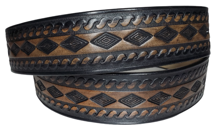 "The Banjo" is a handmade real leather belt made from a single strip of cowhide shoulder leather that is 8-10 oz. or approx. 1/8" thick. It has hand burnished (smoothed) edges and a Diamond center with a rope edge pattern. This belt is completely HAND dyed with a multi step finishing technic. The antique nickel plated solid brass buckle is snapped in place with heavy snaps.  This belt is made just outside Nashville in Smyrna, TN.