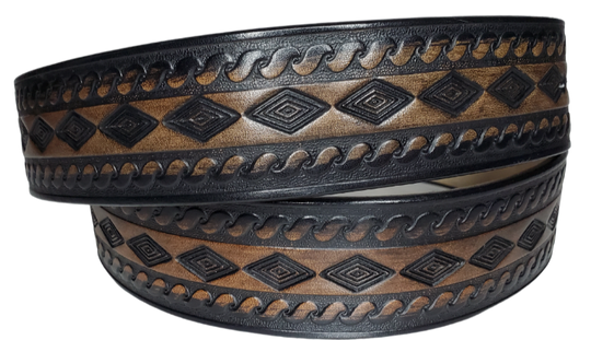 "The Banjo" is a handmade real leather belt made from a single strip of cowhide shoulder leather that is 8-10 oz. or approx. 1/8" thick. It has hand burnished (smoothed) edges and a Diamond center with a rope edge pattern. This belt is completely HAND dyed with a multi step finishing technic. The antique nickel plated solid brass buckle is snapped in place with heavy snaps.  This belt is made just outside Nashville in Smyrna, TN.