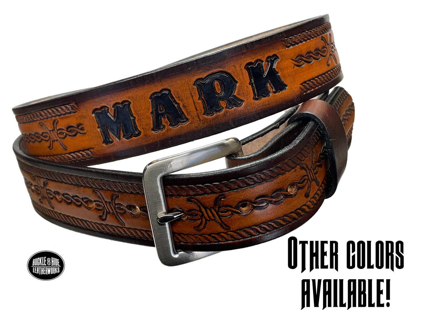 Full grain American vegetable tanned cowhide approx. 1/8"thick. Width 1 1/2" and includes Antique Nickle plated Solid Brass buckle Hand Finished in 3 color options Smooth burnished painted edges Choose with or without name, if without name, design will cover entire length of belt For name Type name desired on belt in "Type Name Here" section, no more than 8 letters maximum Buckle snaps in place for easy changing if desired Made in our Smyrna, TN, USA shop