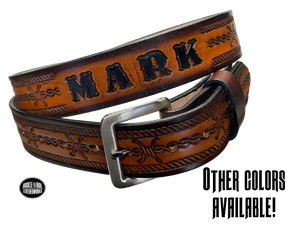 Full grain American vegetable tanned cowhide approx. 1/8"thick. Width 1 1/2" and includes Antique Nickle plated Solid Brass buckle Hand Finished in 3 color options Smooth burnished painted edges Choose with or without name, if without name, design will cover entire length of belt For name Type name desired on belt in "Type Name Here" section, no more than 8 letters maximum Buckle snaps in place for easy changing if desired Made in our Smyrna, TN, USA shop