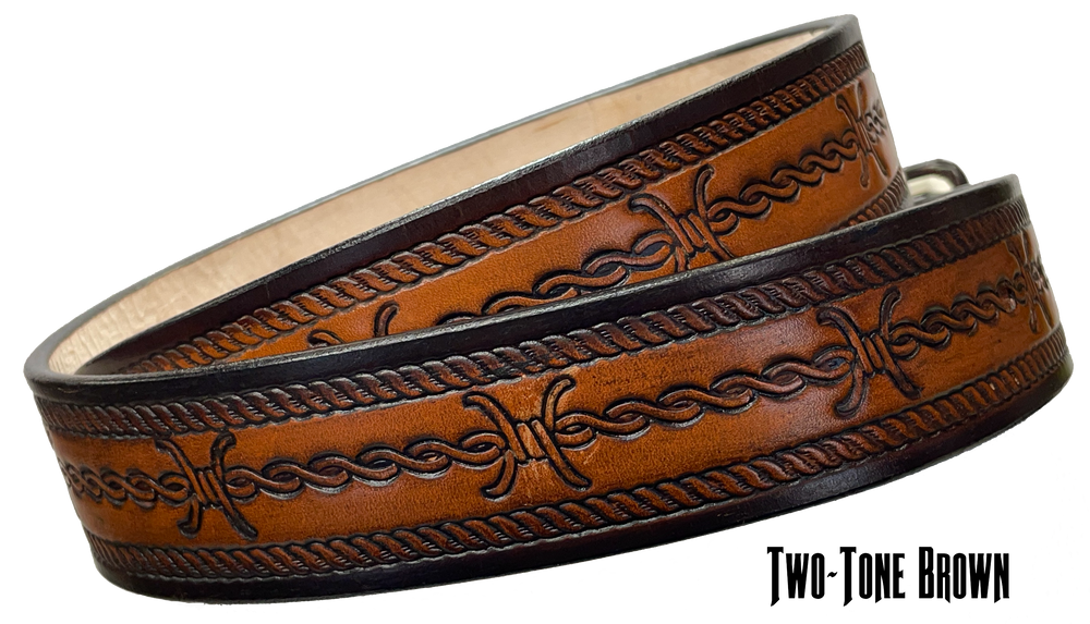 Full grain American vegetable tanned cowhide approx. 1/8"thick. Width 1 1/2" and includes Antique Nickle plated Solid Brass buckle Hand Finished in 3 color options Smooth burnished painted edges Choose with or without name, if without name, design will cover entire length of belt For name Type name desired on belt in "Type Name Here" section, no more than 8 letters maximum Buckle snaps in place for easy changing if desired Made in our Smyrna, TN, USA shop