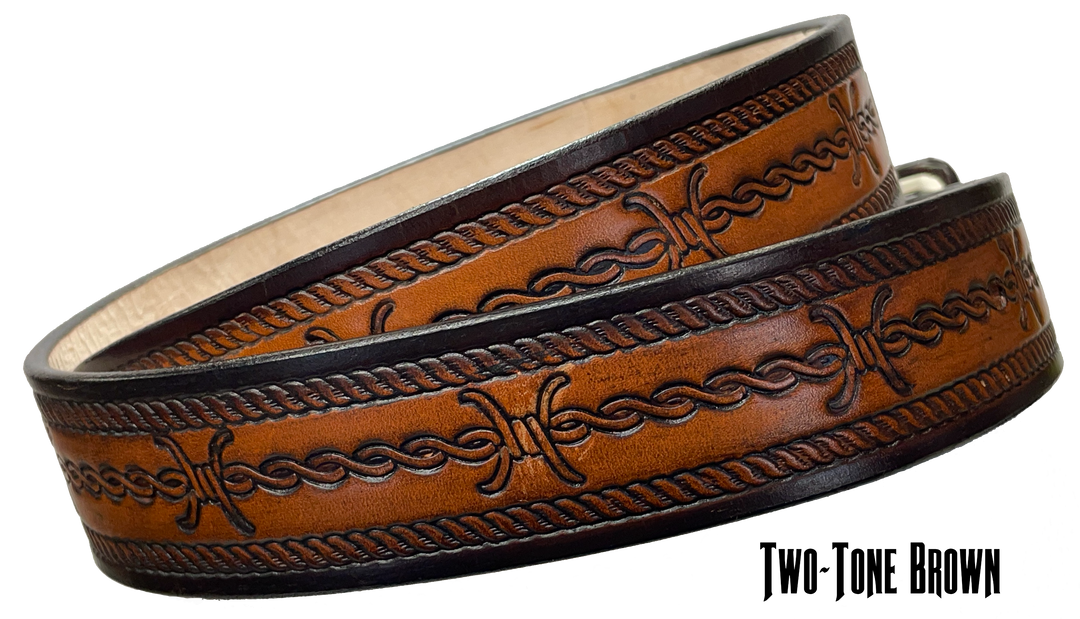 Full grain American vegetable tanned cowhide approx. 1/8"thick. Width 1 1/2" and includes Antique Nickle plated Solid Brass buckle Hand Finished in 3 color options Smooth burnished painted edges Choose with or without name, if without name, design will cover entire length of belt For name Type name desired on belt in "Type Name Here" section, no more than 8 letters maximum Buckle snaps in place for easy changing if desired Made in our Smyrna, TN, USA shop