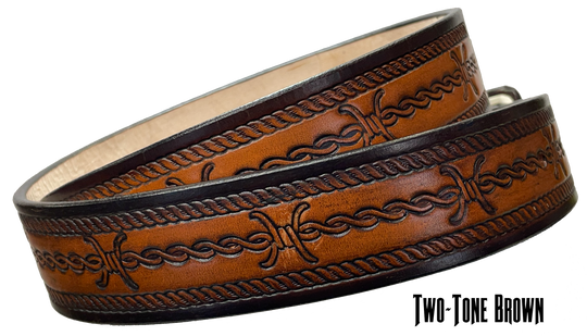 Full grain American vegetable tanned cowhide approx. 1/8"thick. Width 1 1/2" and includes Antique Nickle plated Solid Brass buckle Hand Finished in 3 color options Smooth burnished painted edges Choose with or without name, if without name, design will cover entire length of belt For name Type name desired on belt in "Type Name Here" section, no more than 8 letters maximum Buckle snaps in place for easy changing if desired Made in our Smyrna, TN, USA shop