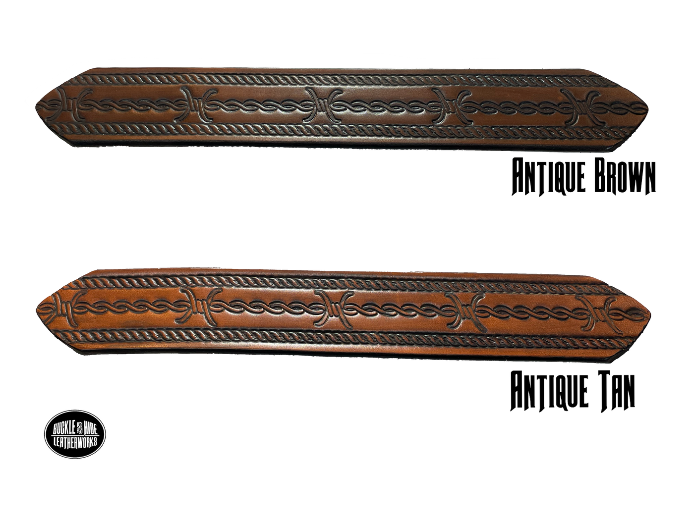 Full grain American vegetable tanned cowhide approx. 1/8"thick. Width 1 1/2" and includes Antique Nickle plated Solid Brass buckle Hand Finished in 3 color options Smooth burnished painted edges Choose with or without name, if without name, design will cover entire length of belt For name Type name desired on belt in "Type Name Here" section, no more than 8 letters maximum Buckle snaps in place for easy changing if desired Made in our Smyrna, TN, USA shop
