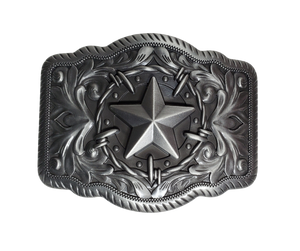 What makes buckle more Western than Barbwire, a Star, a Rope edge and a Classic scroll background! The Antique silver color works very well to dress up or down with your favorite jeans and boots. Measures 2 1/2" tall x 3-1/4" wide Fit's up to 1 1/2" belts Available also in our Smyrna, TN shop just outside Nashville