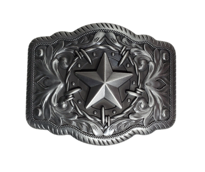 What makes buckle more Western than Barbwire, a Star, a Rope edge and a Classic scroll background! The Antique silver color works very well to dress up or down with your favorite jeans and boots. Measures 2 1/2" tall x 3-1/4" wide Fit's up to 1 1/2" belts Available also in our Smyrna, TN shop just outside Nashville