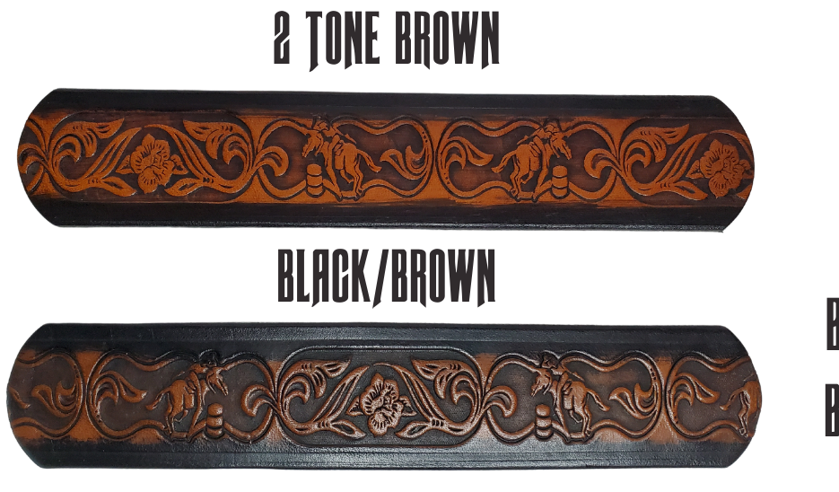 "The Barrel Racer" is a handmade real leather belt made from a single strip of cowhide shoulder leather that is 8-10 oz. or approx. 1/8" thick. It has hand burnished (smoothed) edges and a western influenced Rodeo events pattern. This belt is completely HAND dyed with a multi step finishing technic. The antique nickel plated solid brass buckle is snapped in place with heavy snaps.  This belt is made just outside Nashville in Smyrna, TN.