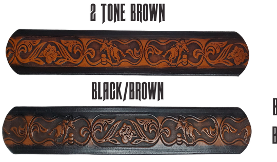"The Barrel Racer" is a handmade real leather belt made from a single strip of cowhide shoulder leather that is 8-10 oz. or approx. 1/8" thick. It has hand burnished (smoothed) edges and a western influenced Rodeo events pattern. This belt is completely HAND dyed with a multi step finishing technic. The antique nickel plated solid brass buckle is snapped in place with heavy snaps.  This belt is made just outside Nashville in Smyrna, TN.