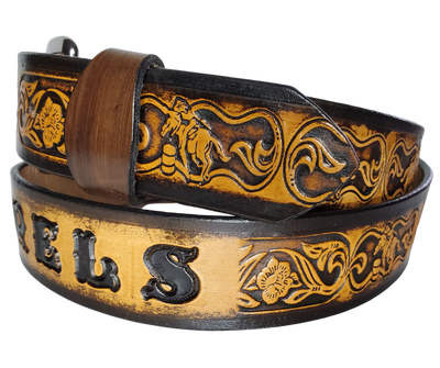 "The Barrel Racer" is a handmade real leather belt made from a single strip of cowhide shoulder leather that is 8-10 oz. or approx. 1/8" thick. It has hand burnished (smoothed) edges and a western influenced Rodeo events pattern. This belt is completely HAND dyed with a multi step finishing technic. The antique nickel plated solid brass buckle is snapped in place with heavy snaps.  This belt is made just outside Nashville in Smyrna, TN.