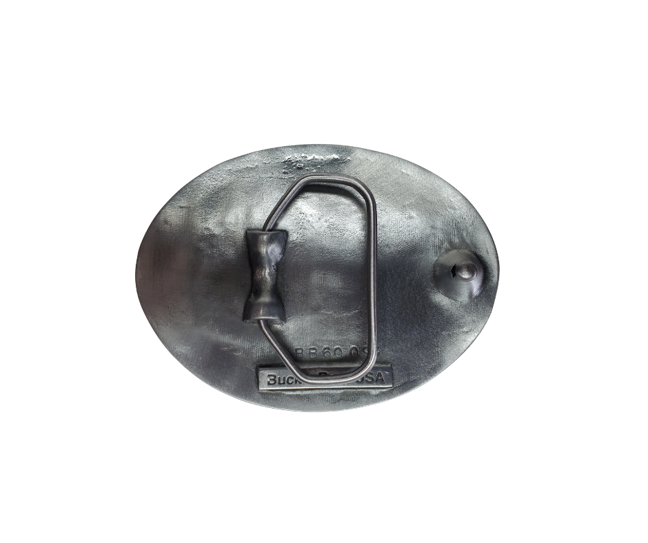 Oval pewter belt buckle with horseshoe and cross design in the center.  May be added to any of the belts on this site that have snap closure for buckle or may be added to a belt of your own. Fits 1 1/2" belts Black epoxy inlay Size 3-1/2" x 2-3/4"  