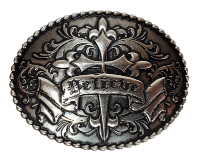 A Cross with western influenced scroll and banner graphic completed with a beaded outside border on a oval shaped buckle. Perfect for 1 1/2" Brown or Black belts with it's Antiqued Nickel appearance. Buckle size is approx. 3" x 4" that makes it great for most body styles. Imported.