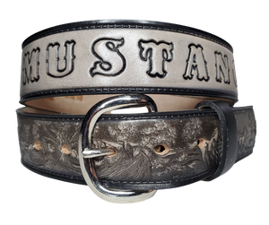  The Wild Horses leather belt is a 3 Horses Pattern in a Two Tone Black color. Perfect the Horse lover in your family. Available in a 1 1/2" width. Full grain vegetable tanned cowhide, Width 1 1/2" and includes Nickle plated  buckle Smooth burnished painted edges. Made in USA! For name Type name desired on belt in "Type Name Here" section, no more than 8 LETTERS maximum on this PARTICULAR belt. Buckle snaps in place for easy changing if desired. In stock at our Smyrna, TN shop.